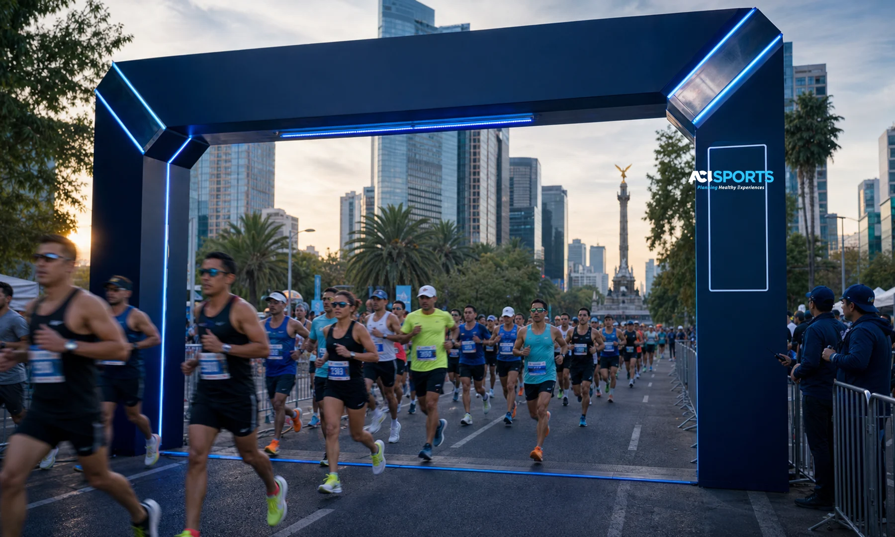 Maratón organizado con arco de meta de ACI Sports