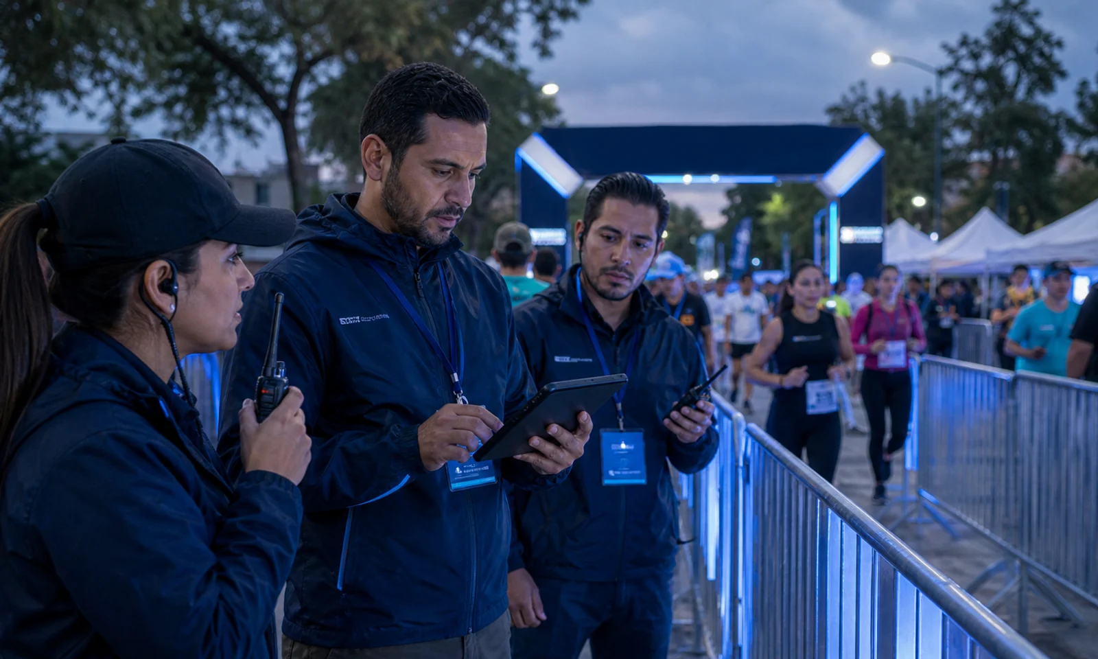 Equipo operativo coordinando un evento deportivo corporativo